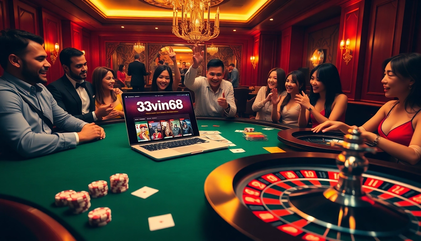 Pemain menikmati permainan kasino online 33win68 dengan chip poker dan roda roulette.