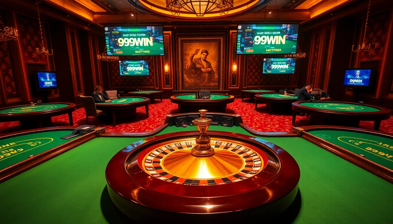 Experience the thrill of 99win gaming at a luxurious casino with poker tables and roulette.