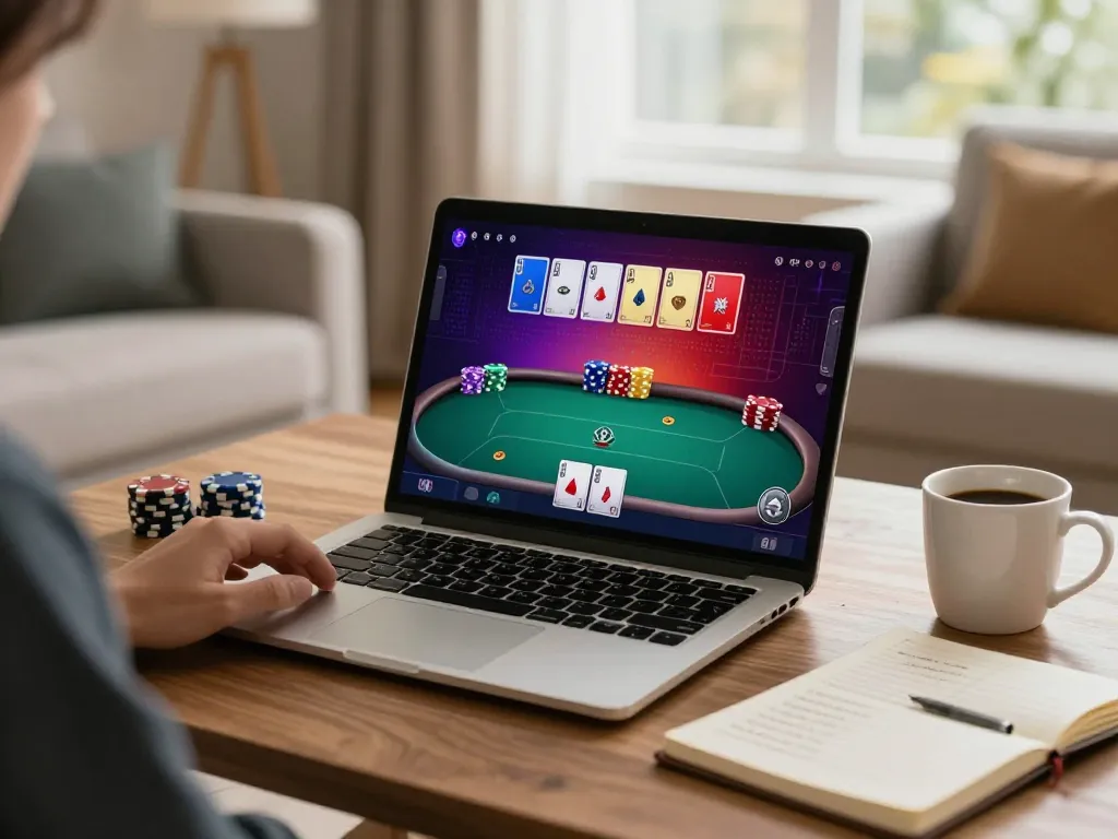 A player engages in a strategic online poker game on 32win, blending technology and entertainment.