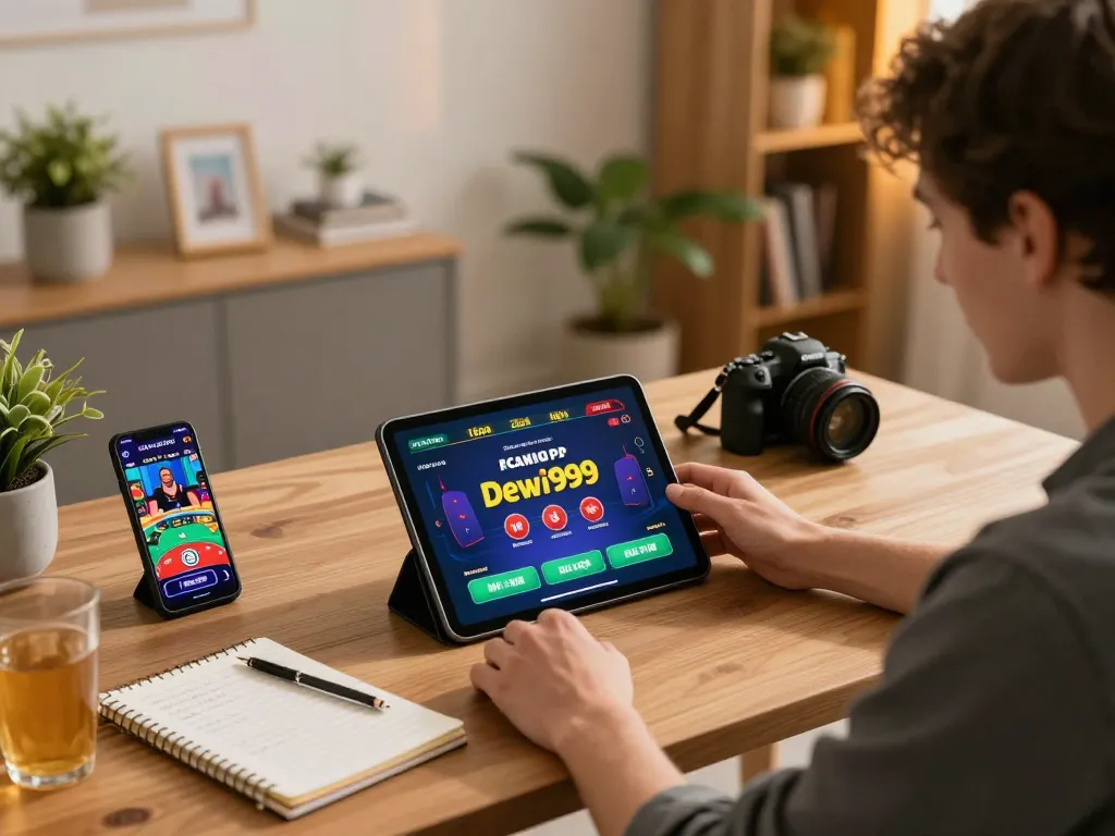 Berinteraksi dengan aplikasi casino dewi999 di tablet selama sesi permainan di rumah yang hangat.