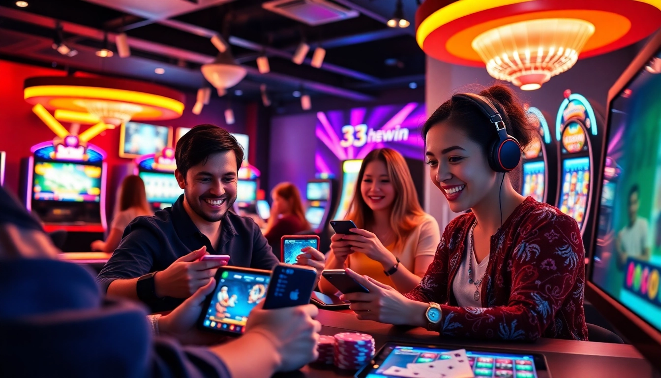 A lively online gaming scene featuring players enjoying 33win casino games on various devices, highlighting excitement and trust.