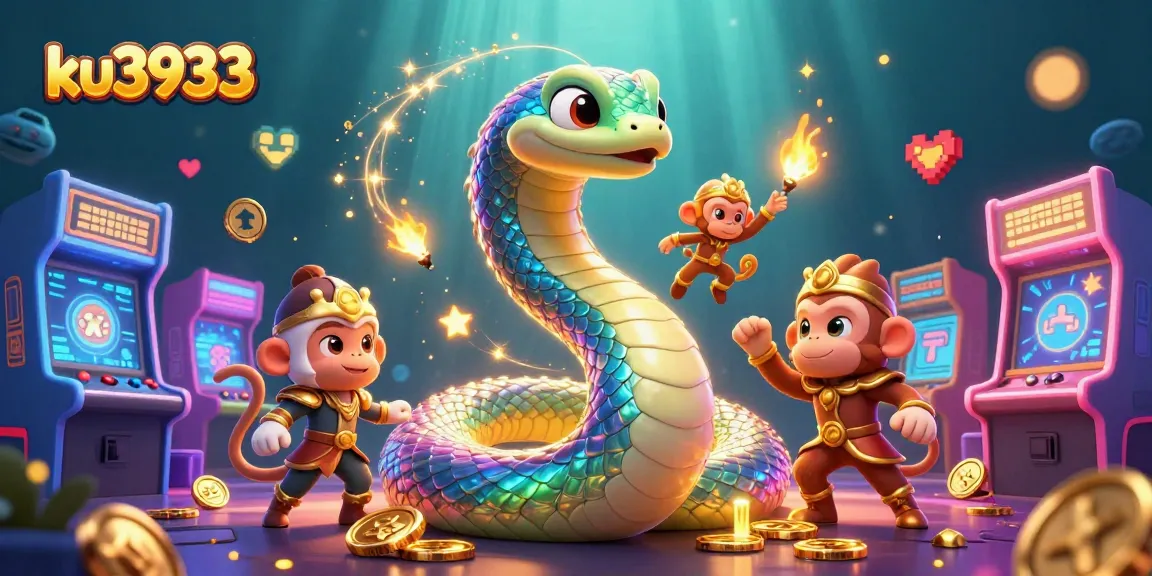 Win at ku3933 with a vibrant gaming scene featuring colorful machines and playful characters.
