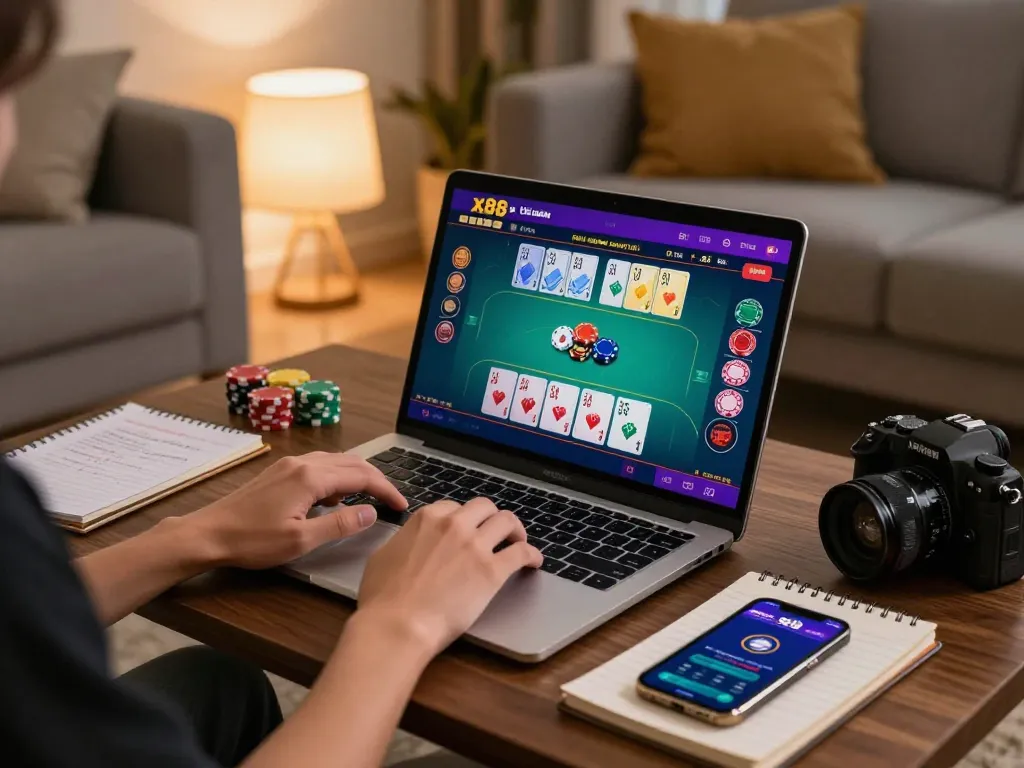 Player engaging in an online poker game at home using xx88, showcasing a vibrant and strategic gaming setup.