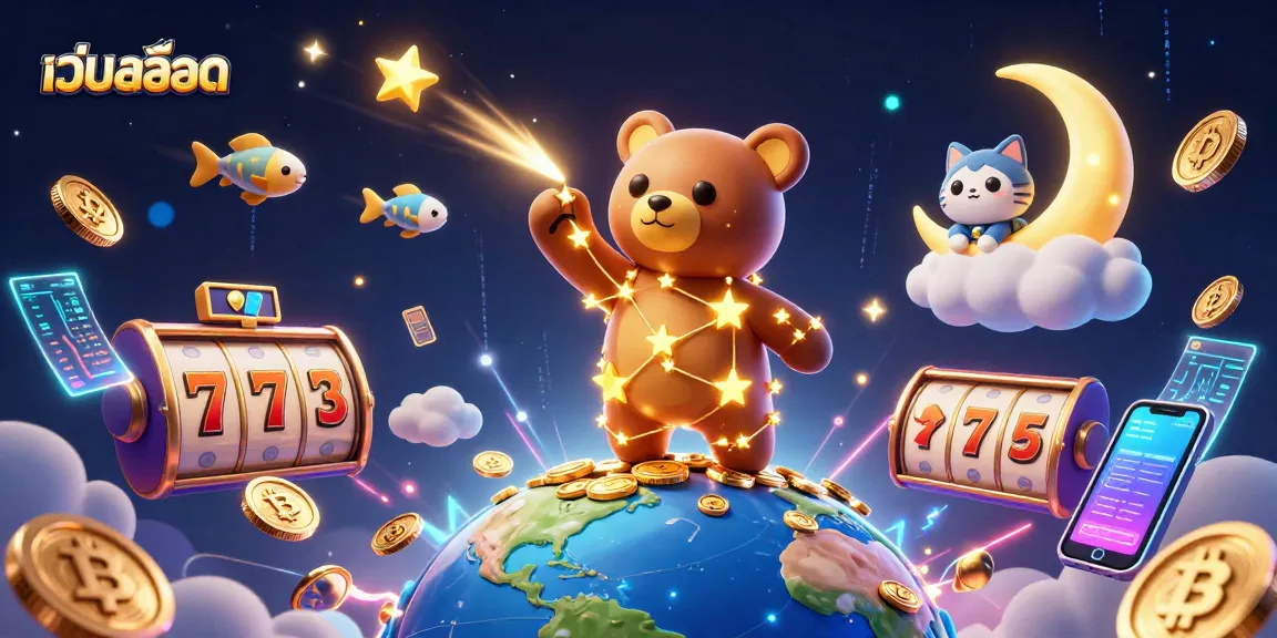 Engage with เว็บสล็อต and explore the vibrant world of slots featured in this dynamic 3D illustration.