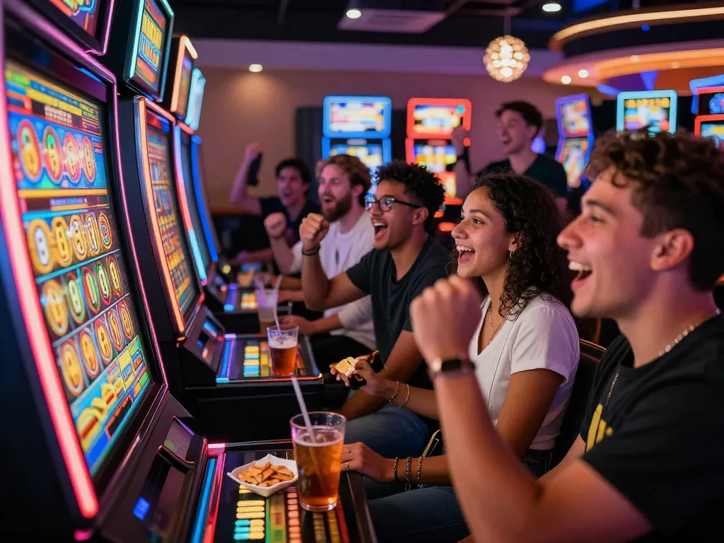 Engaging gambling scene at a Lucky 88 slot machine showcasing players' excitement and vibrant casino atmosphere.