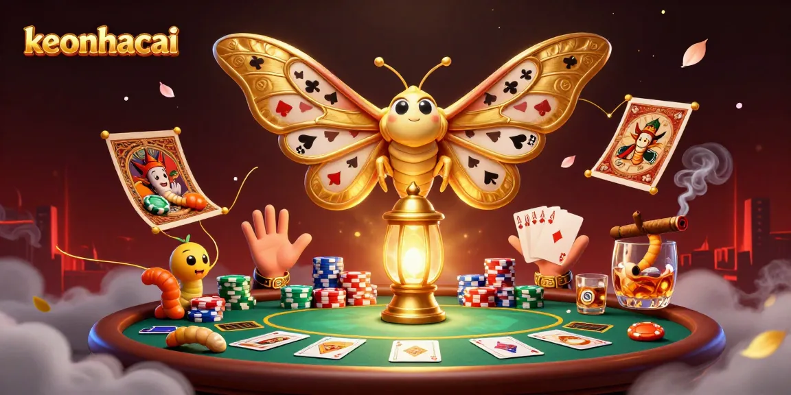Experience keonhacai in a vibrant casino scene with golden moths and poker elements.