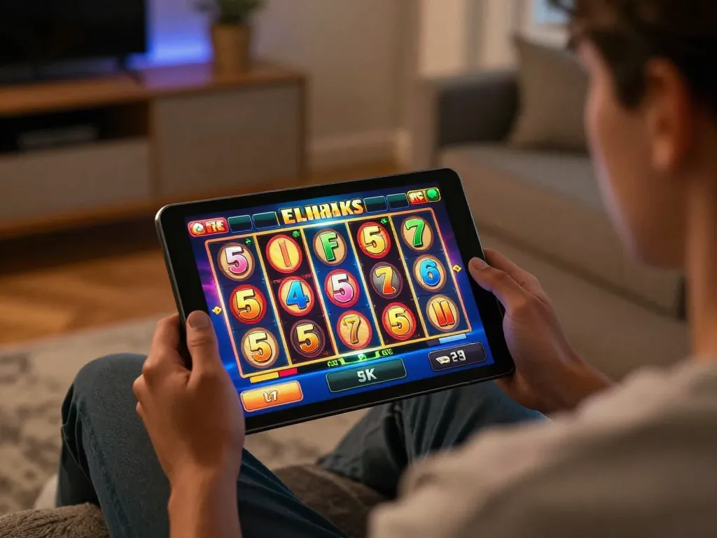 Playing online slot 5k game on a tablet, vibrant reels spinning in a cozy home environment