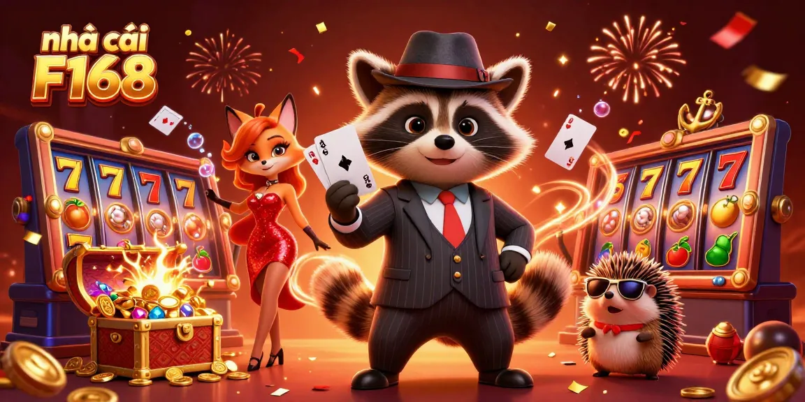 Engage with nhà cái F168 for thrilling gaming, featuring character raccoon and companions in a colorful casino setting.