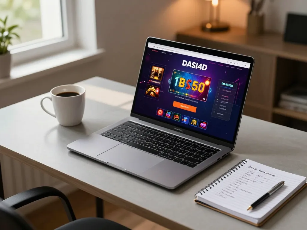 Antarmuka login DASI4D yang ditampilkan di laptop ramping di kantor rumah yang nyaman, menggambarkan strategi perjudian online dan permainan.