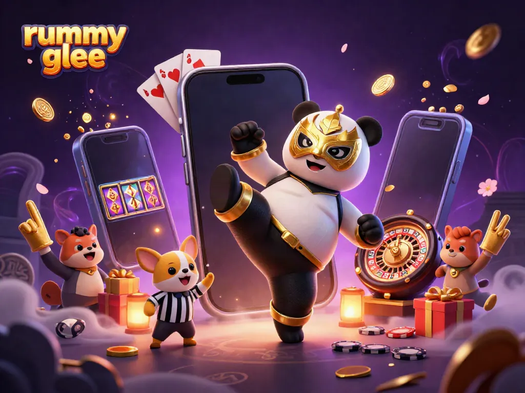 Gambarkan keseruan bermain rummy glee dengan panda pegulat terbang, bukti kemenangan dan penonton hewan kecil!