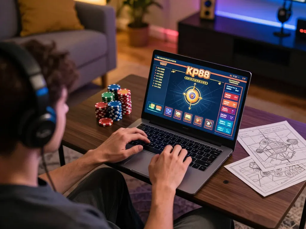 Engaging in online gaming at kp88 with a detailed game interface displayed on laptop