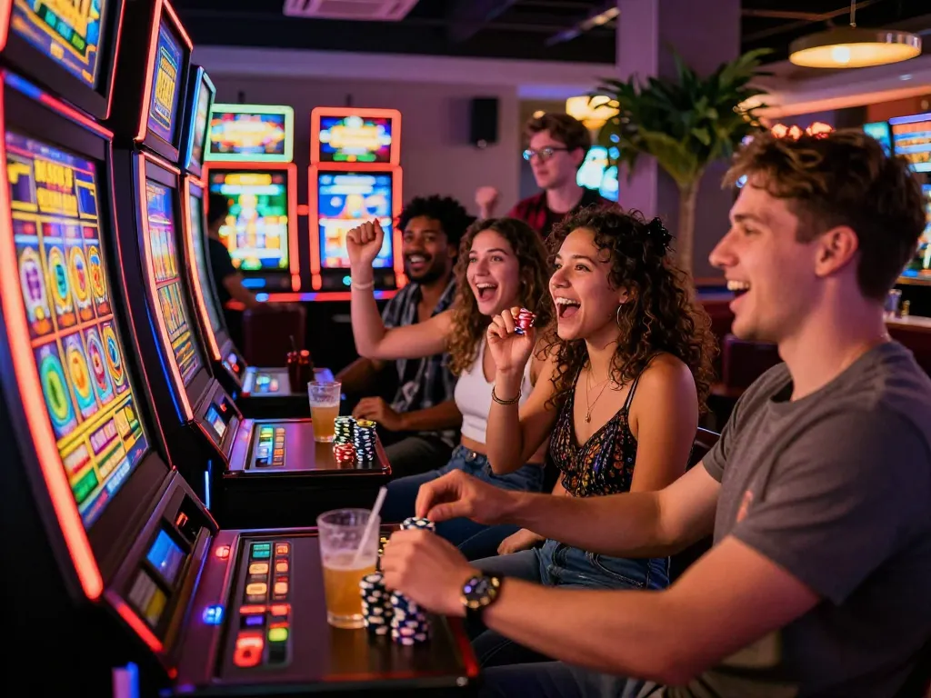 Group of friends celebrating a win at a casino using No Deposit Bonus, vibrant atmosphere with slot machines and cheers.