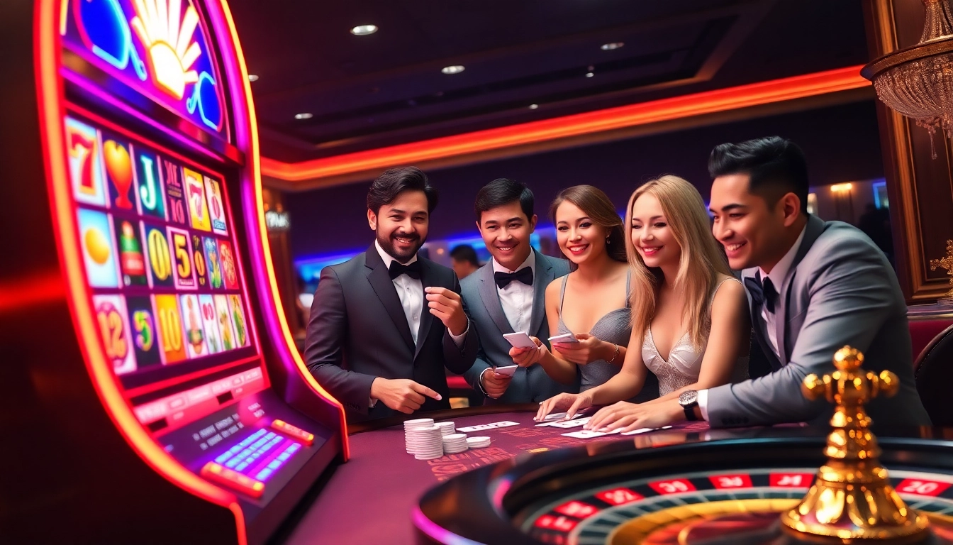 Players enjoying a thrilling game at the slot777 machine in a luxurious casino setting.