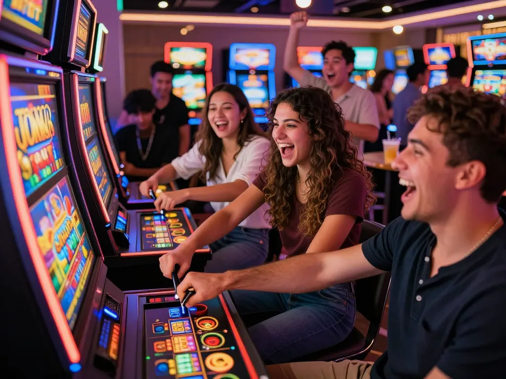 Excited players enjoying slot gacor hari ini in a lively casino environment with flashing lights.