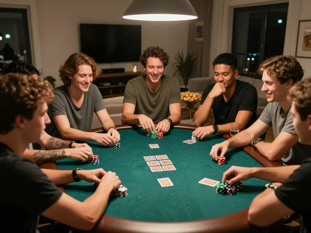 Engaged players betting in a home poker game at jun88 com, showcasing strategic moments and friendly competition.