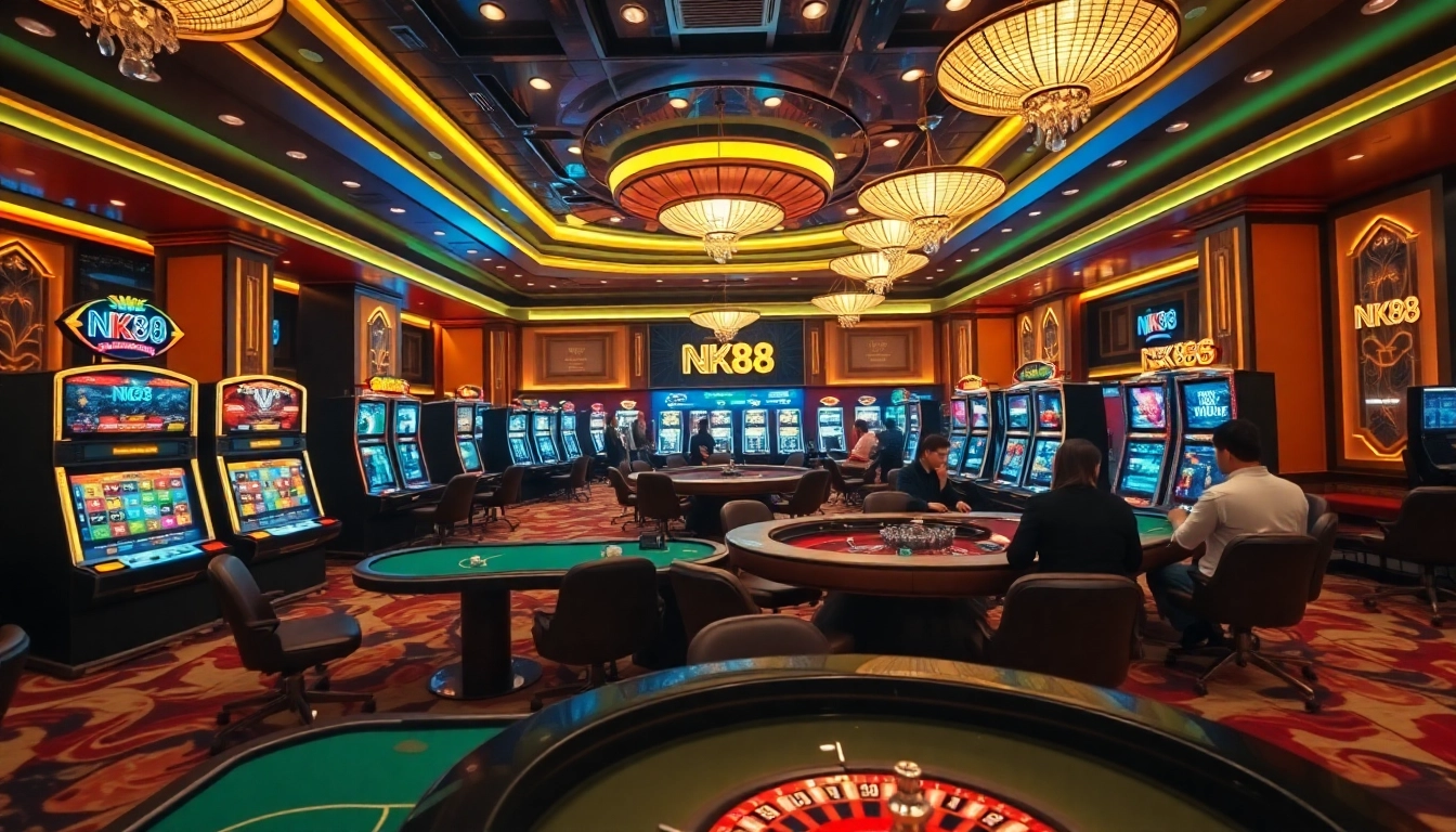 Immerse in the excitement of NK88's vibrant casino atmosphere with lively gaming tables.