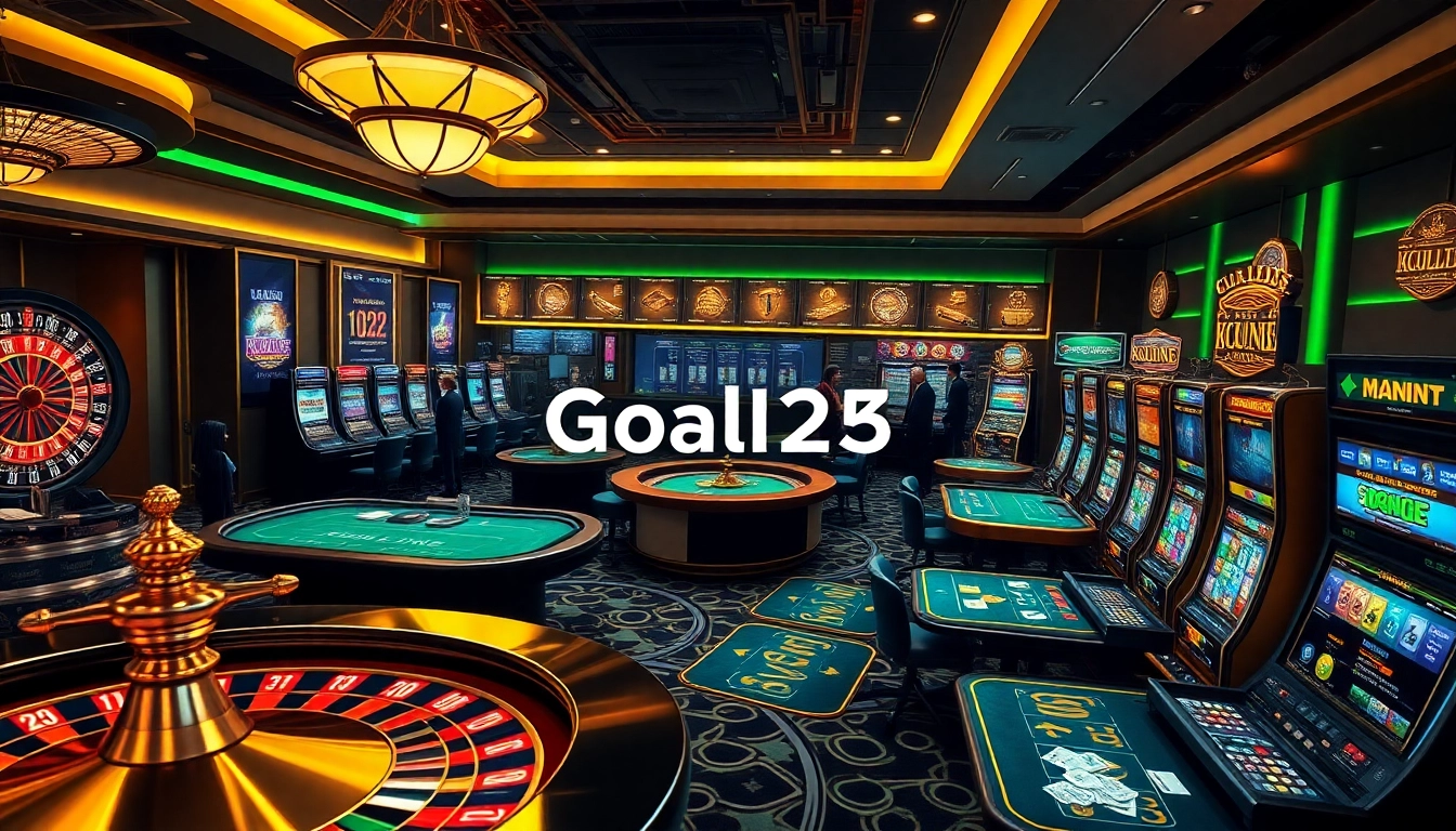 Experience the thrill of gaming at Goal123 with captivating casino visuals featuring roulette and poker tables.