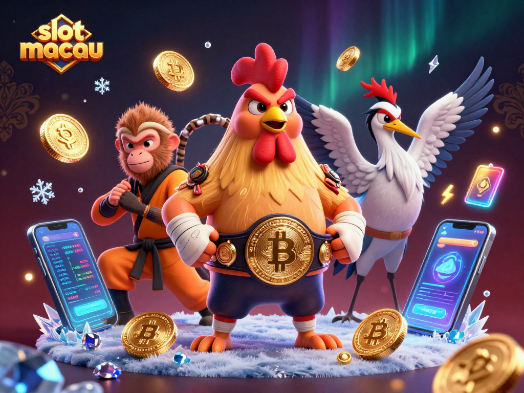 Spin the reels of slot macau with a dynamic scene featuring colorful characters and crypto elements.