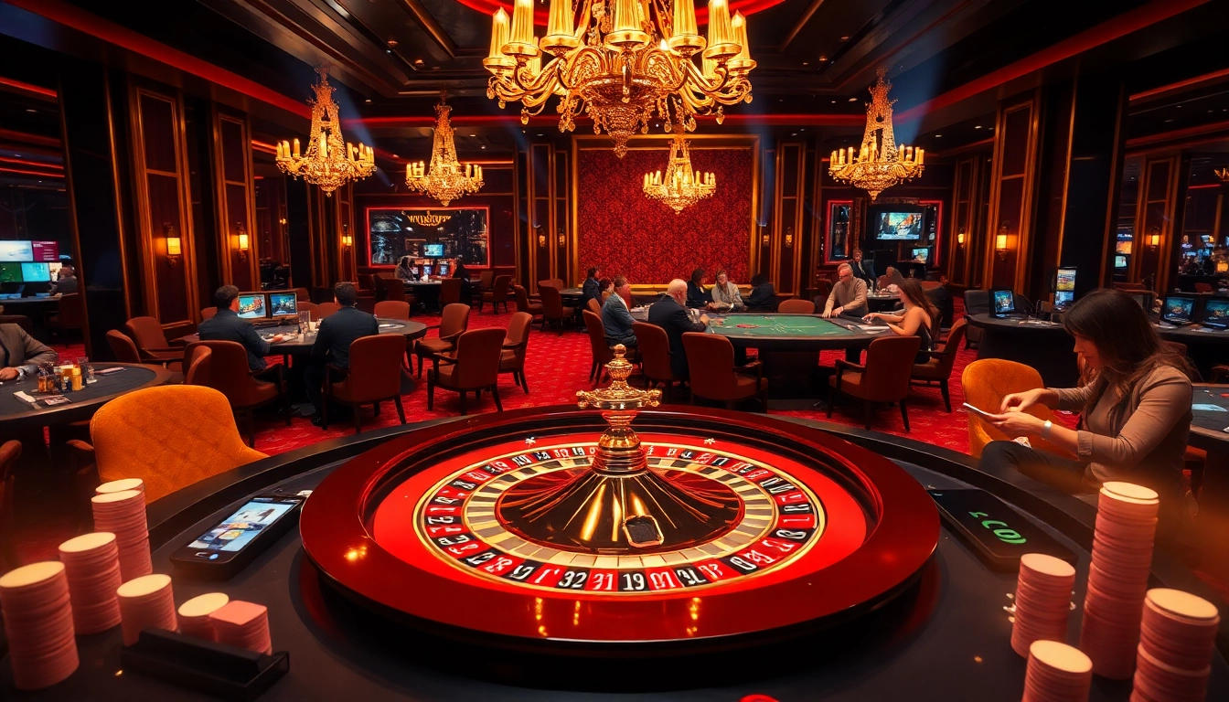 Experience thrilling gameplay with MM OO on a luxurious casino floor featuring roulette and poker tables.