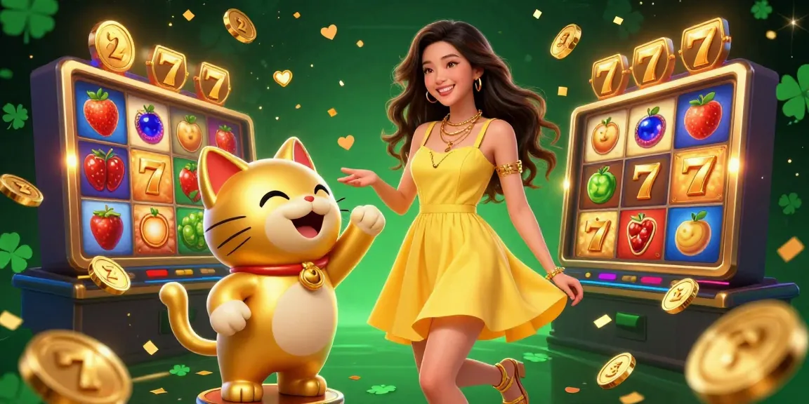 Engage with slot qris for exciting gameplay alongside a serene Asian woman and a golden lucky cat mascot.