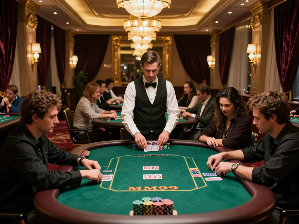 MM99 players strategizing in a high-stakes poker game in a luxurious casino setting.