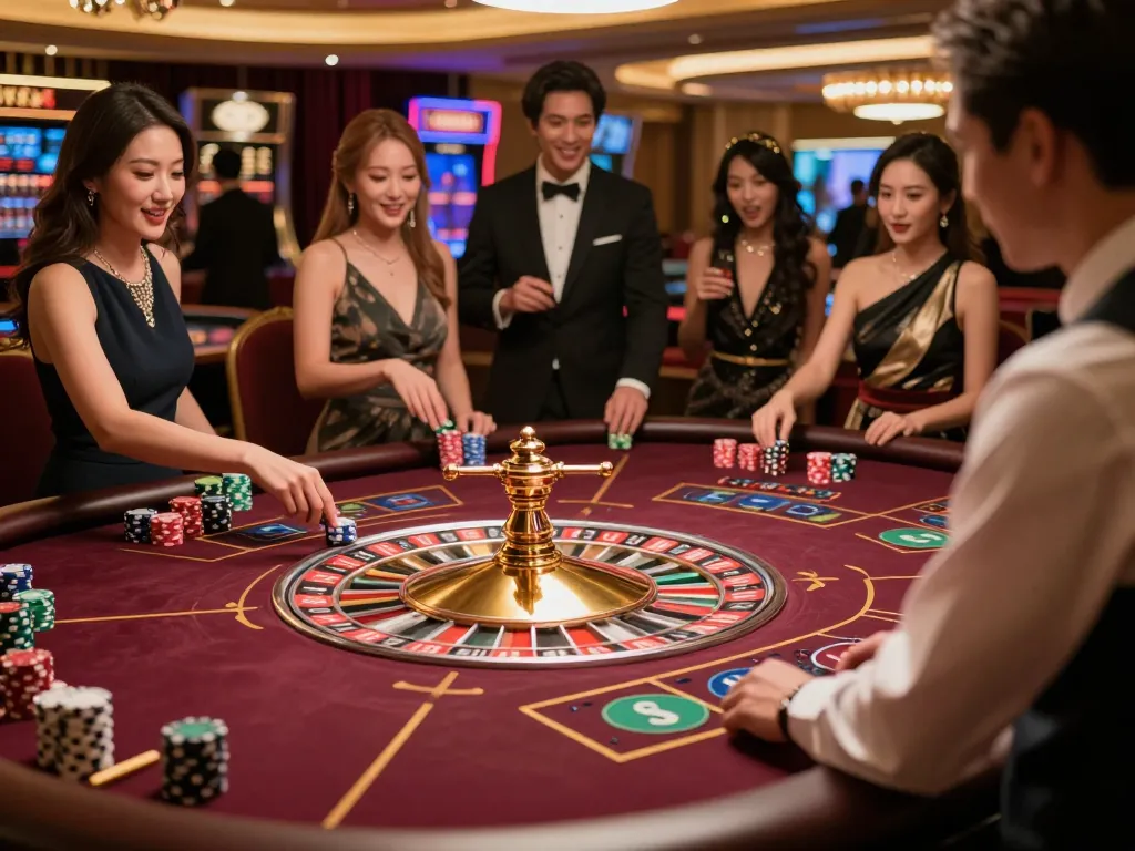 Experience the thrill of gambling at FIVE88 with players enjoying a vibrant roulette table.