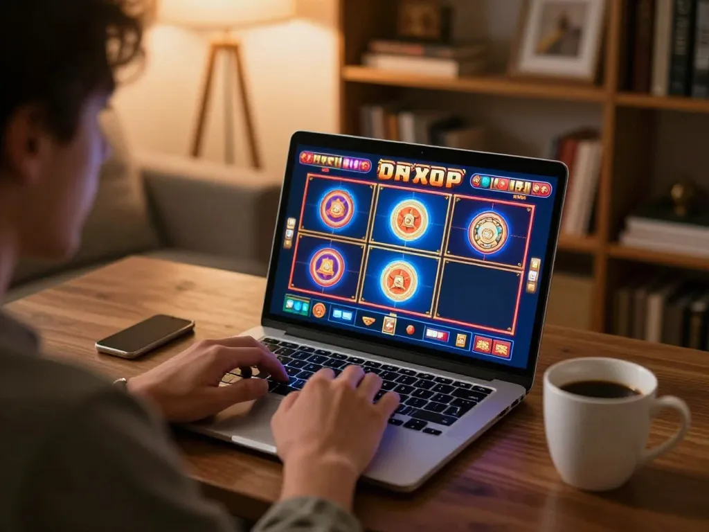 Player enjoying online gaming at MMOO with vibrant slots and cozy home setup