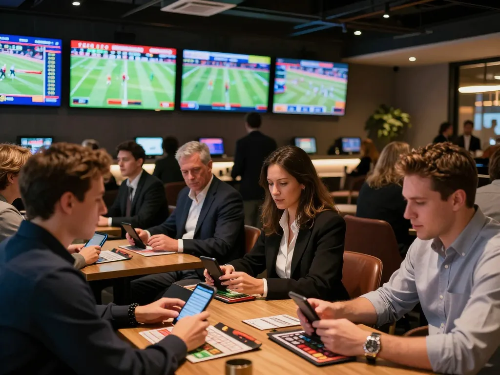 Betting action at bem88 lounge with engaged players placing bets on live sports events.
