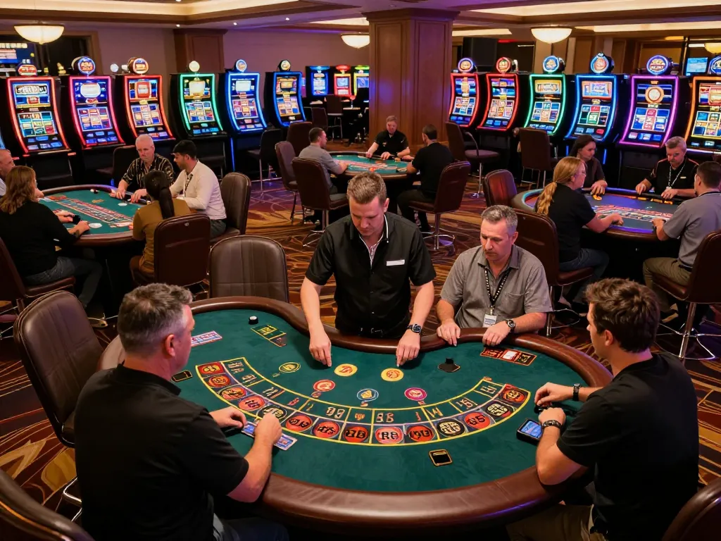Players engaged in strategic gameplay at the vibrant casino floor, highlighting excitement of mb66 gambling