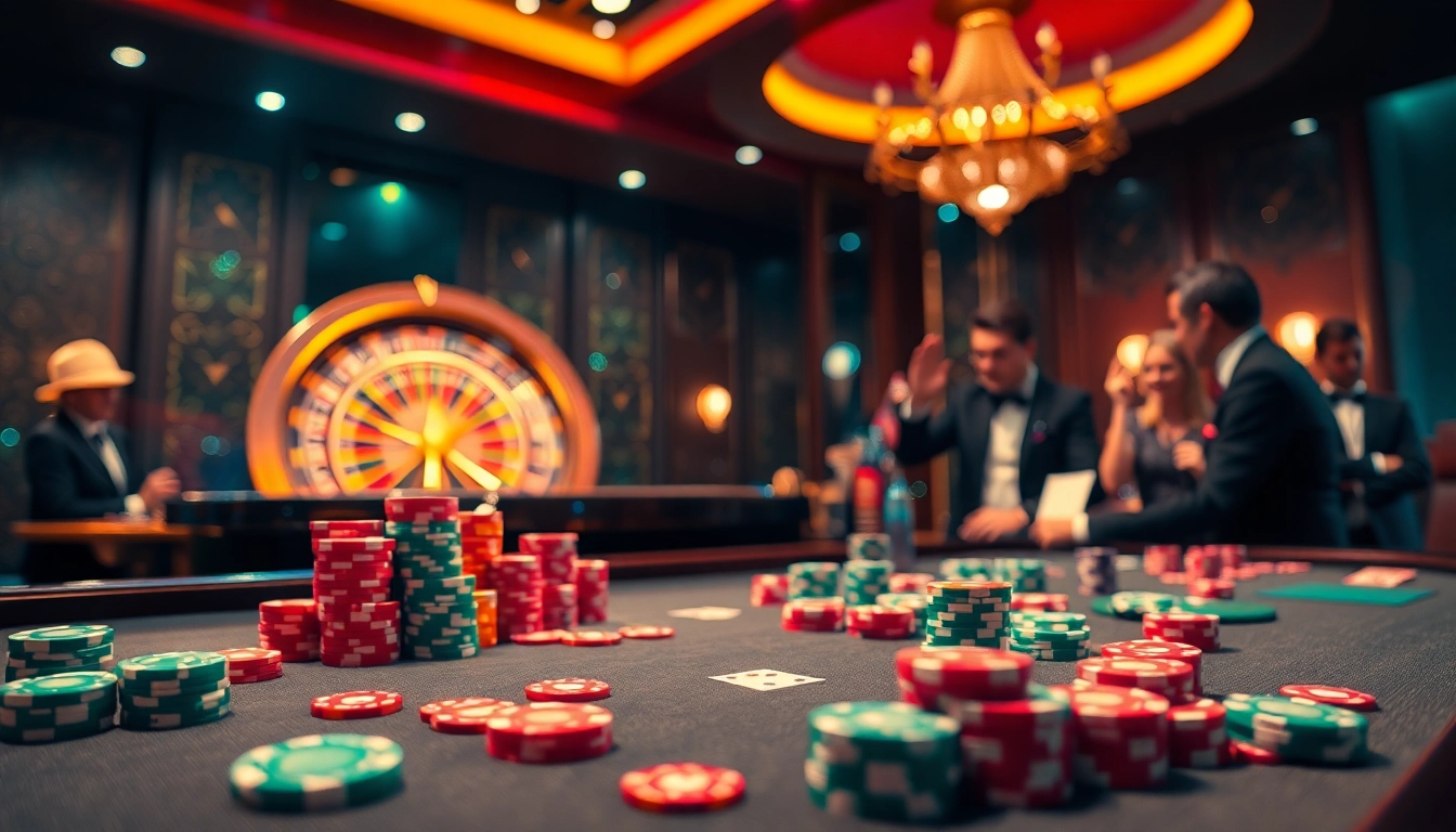 Players enjoying leci123 at a high-stakes casino table with vibrant chips and cards.