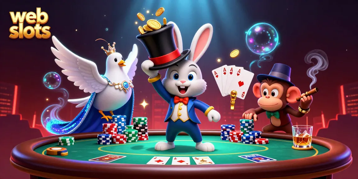 Engaging scene of web slots with a magician rabbit and monkey showcasing gold coins and poker chips.