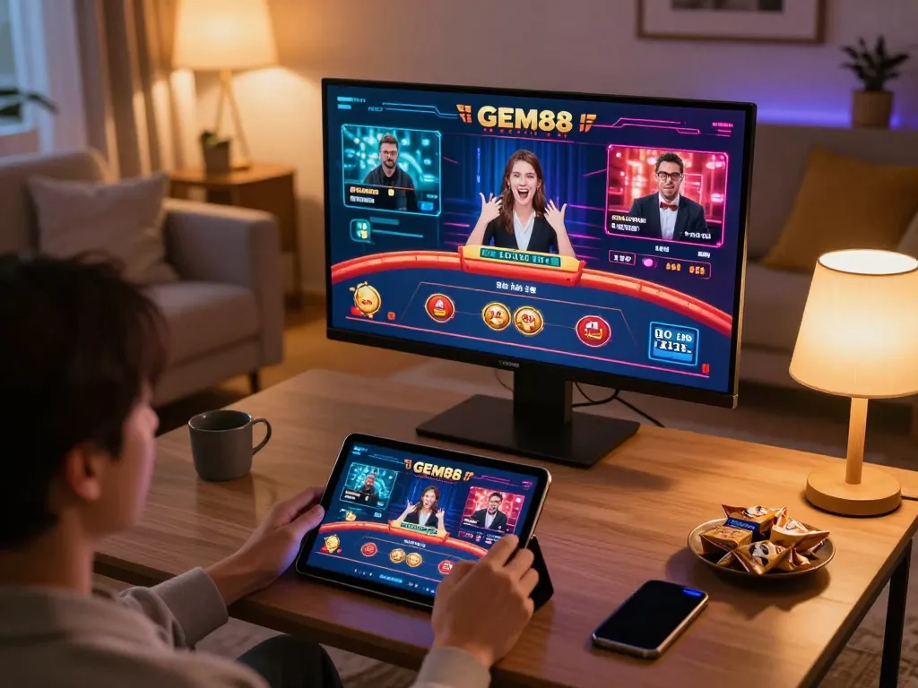 Engaging with GEM88 app on tablet while enjoying a cozy home gaming atmosphere during a relaxed online session
