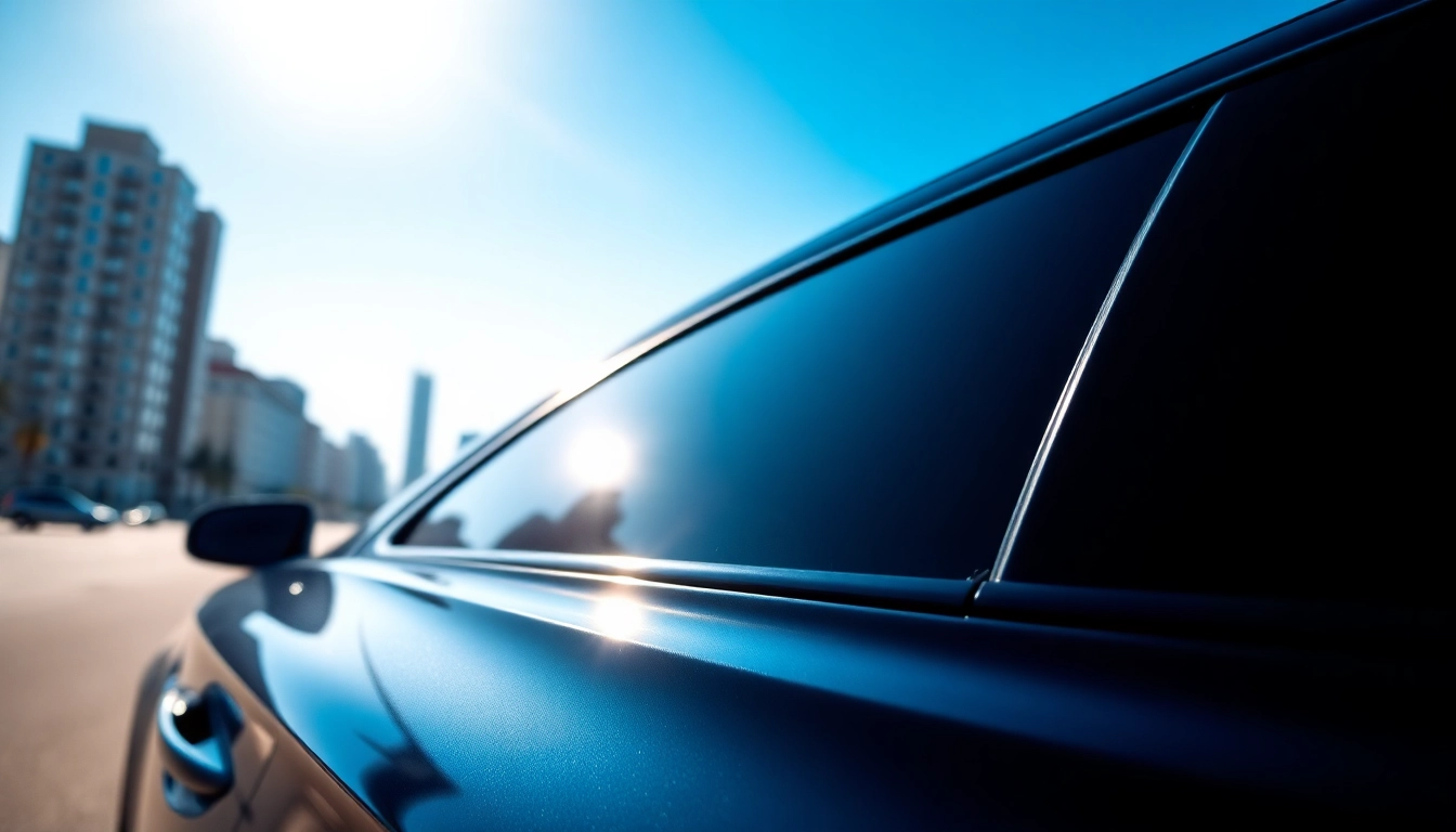 Auto window tint near me showcases a sleek, professionally tinted vehicle in an urban setting.
