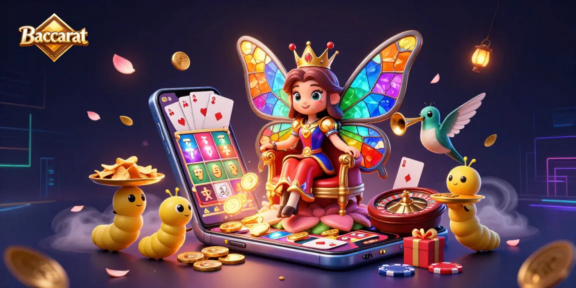 Baccarat interactive scene showcasing a colorful game environment with vibrant elements, featuring a butterfly queen and gaming accessories.