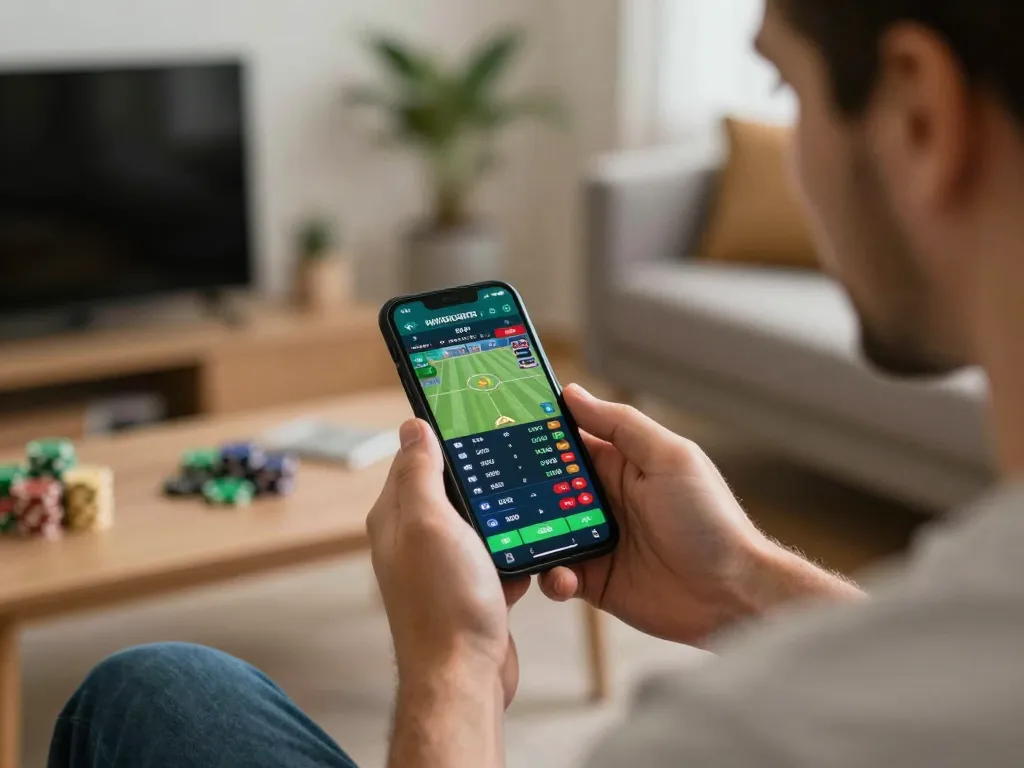 Player engaging with the say88 app for sports betting in a cozy home setting