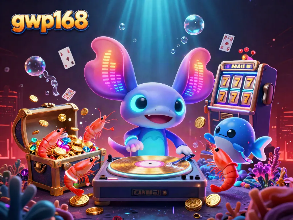 Permainan seru gwp168 dengan DJ axolotl neon dan karakter karnaval, mengundang pemain meraih kemenangan.