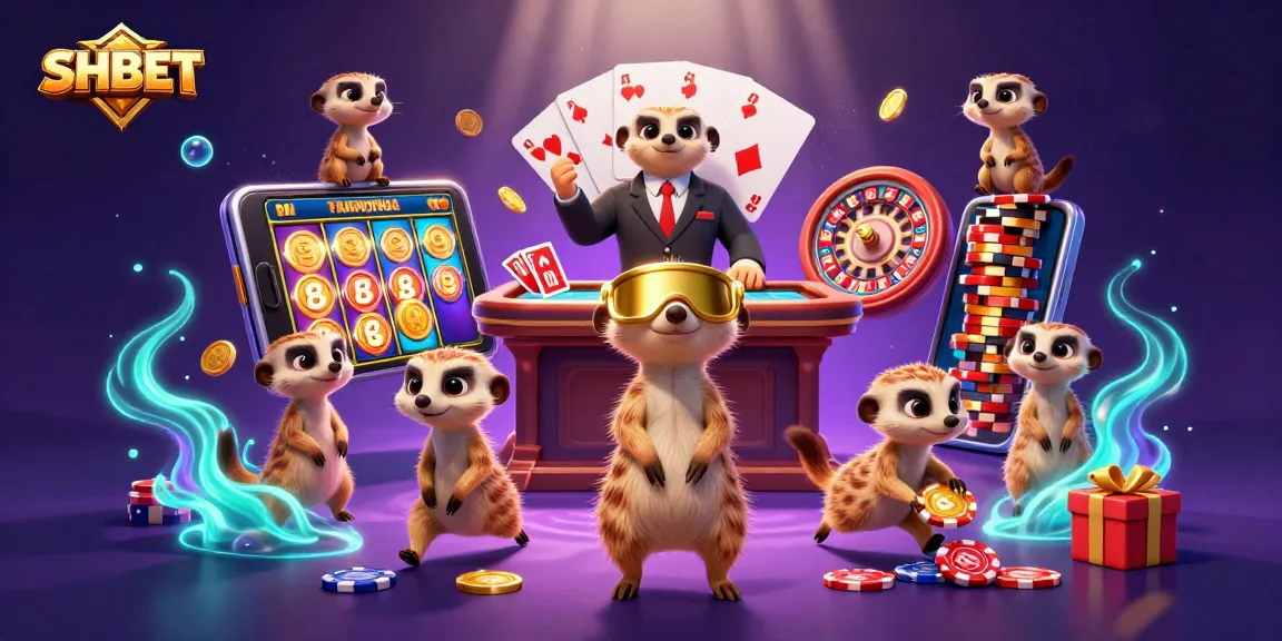 Experience the excitement of SHBET with meerkats in a vibrant casino scene filled with games and immersive action.