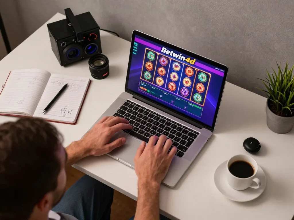 Engaging in Betwin4d online casino gameplay with a colorful slot interface visible on a laptop screen.