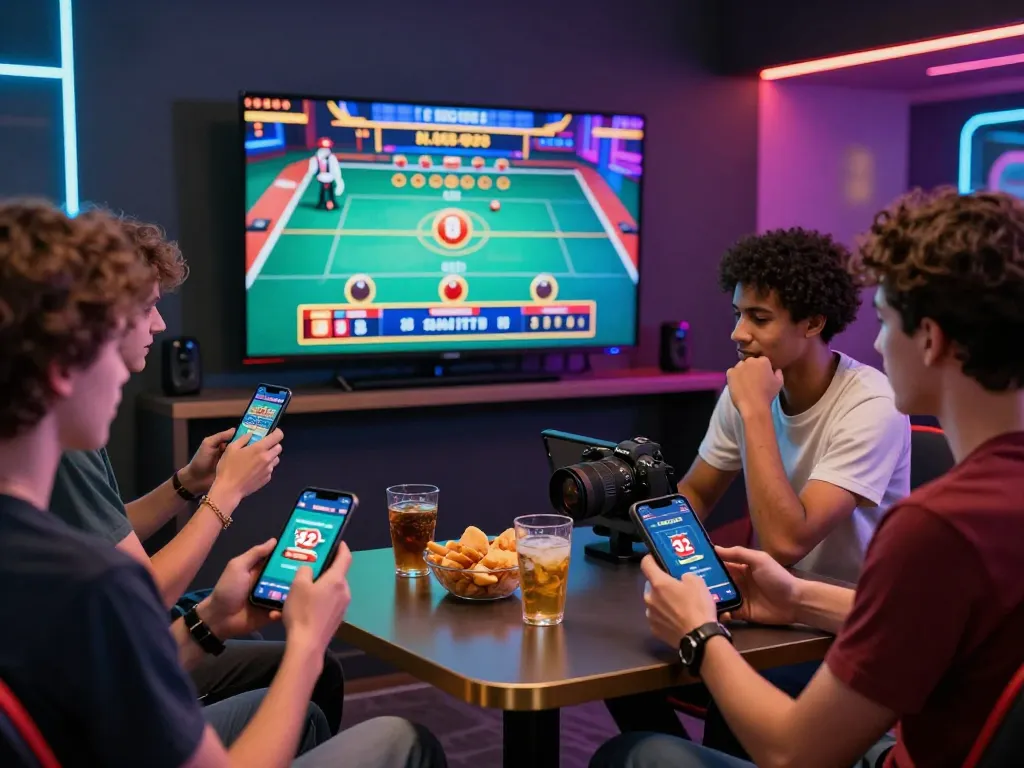 Exciting group engaging with 32win online betting setup, showcasing vibrant camaraderie.