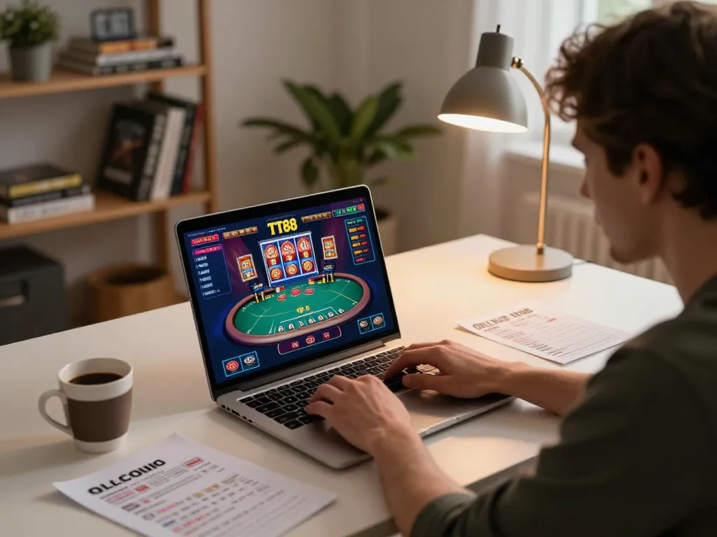 Engaging in online casino gaming on TT88 from a modern home office while analyzing strategy notes.