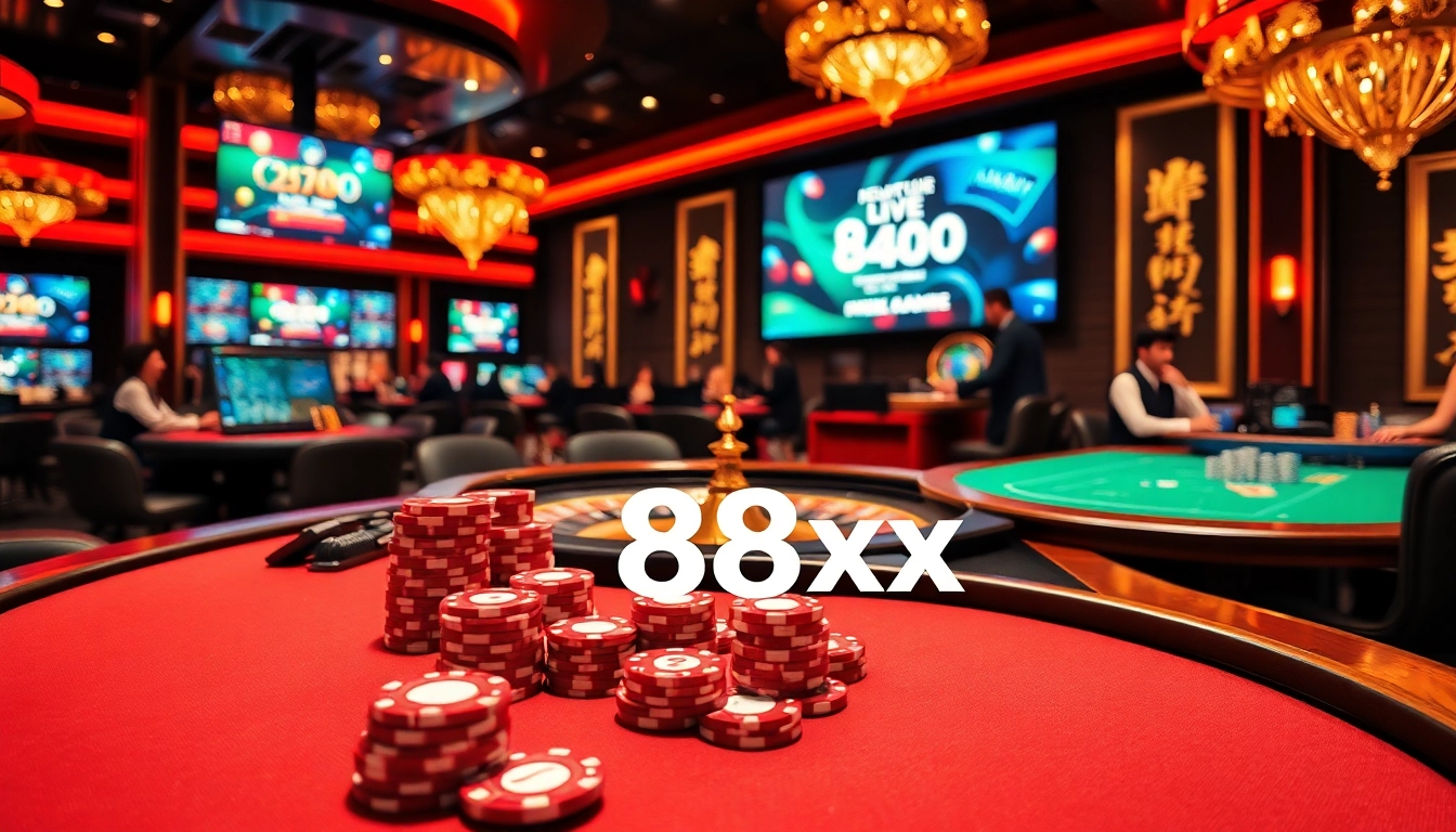 Gambling excitement with casino tables, poker chips, and dealers showcasing 88xx.