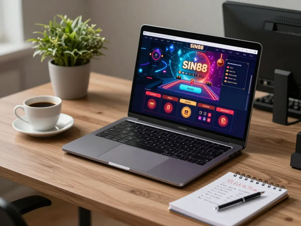 SIN88 online gambling interface displayed on a laptop at a cozy home desk.