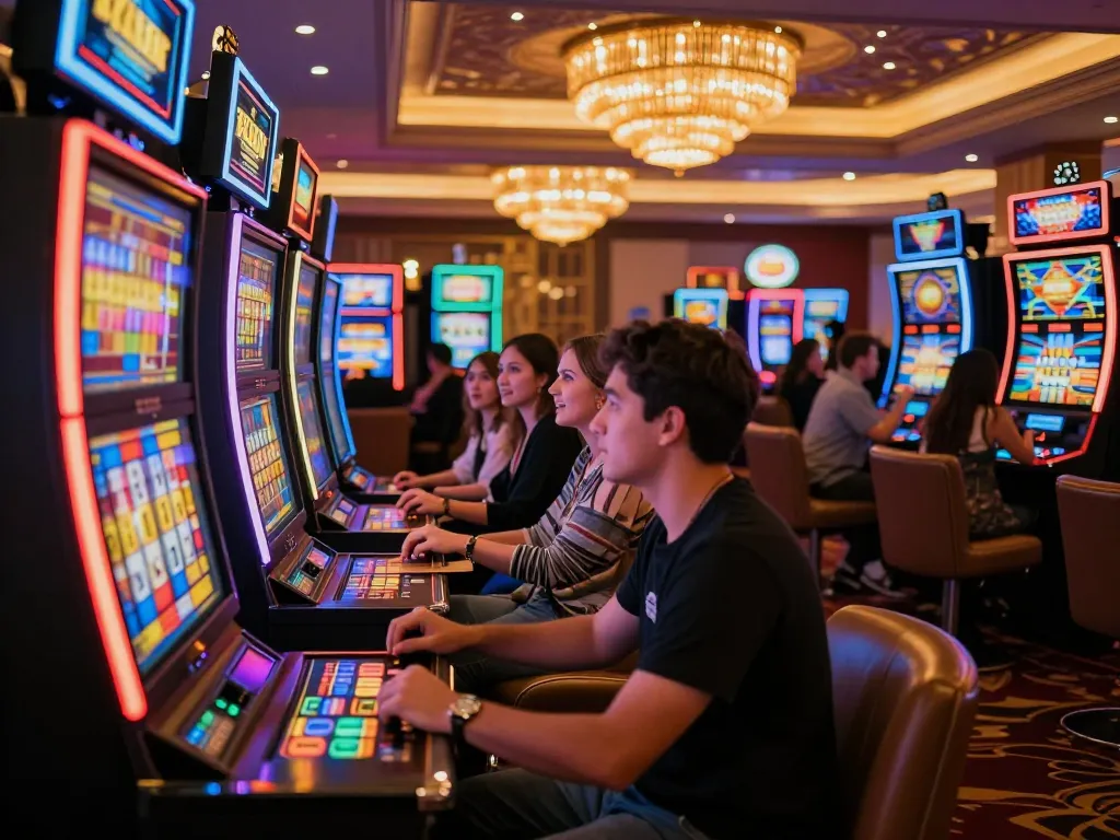 Engaging players enjoy spinning slot online machines in a vibrant casino environment.