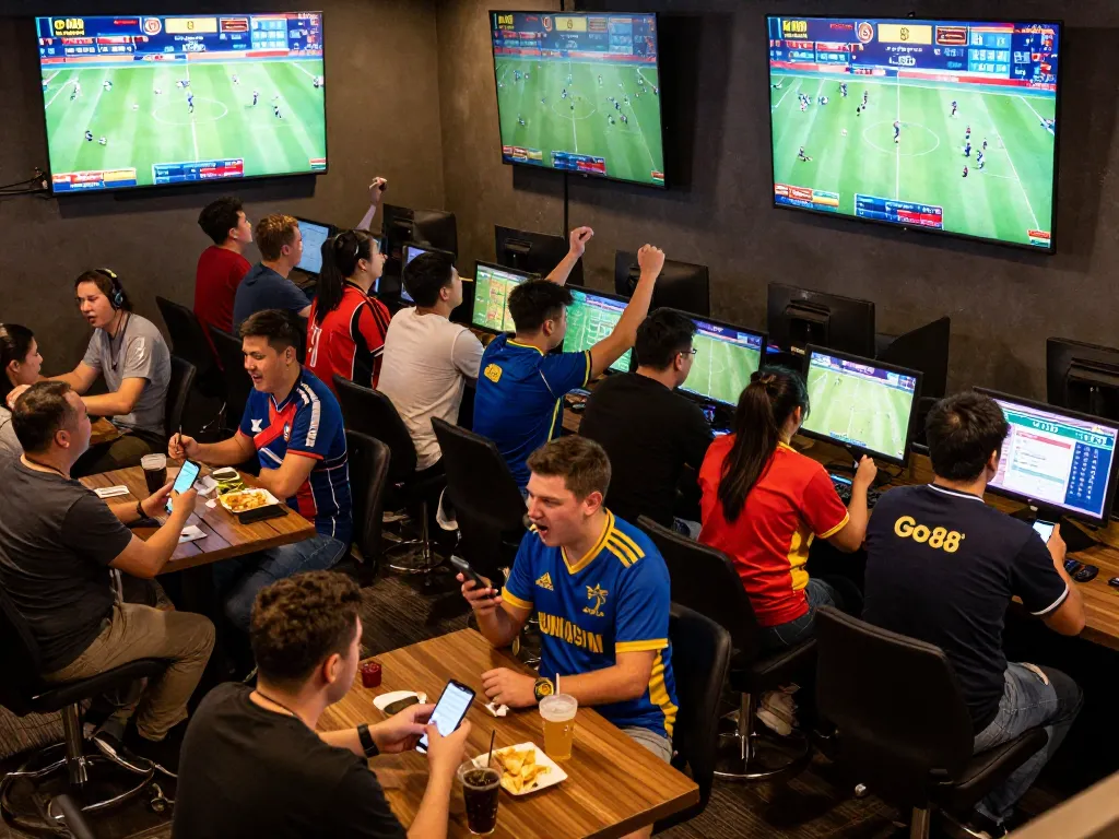 Fans engaging in live sports betting at Go88 with screens and mobile devices, vibrant atmosphere