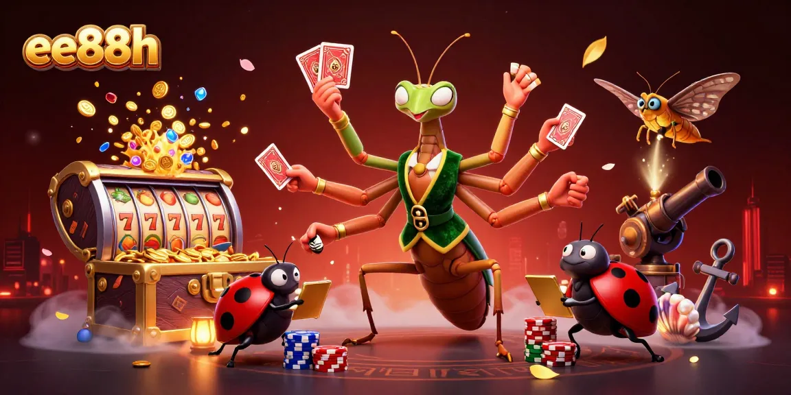 Engage with ee88h's thrilling card games as a mantis dealer executes expert plays amidst vibrant casino elements.