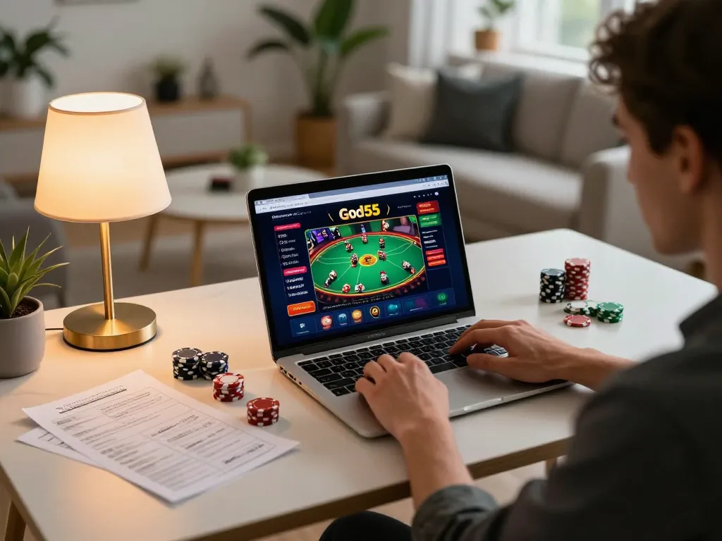 Player enjoying online casino gameplay on God55 app in a cozy home setup with chips and strategy notes.