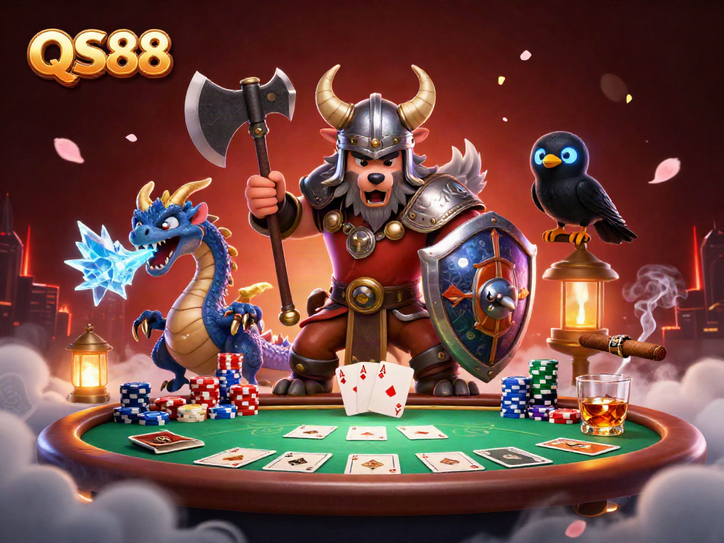 Experience exciting poker action at QS88 with a wolf warrior, dragon, and vibrant casino elements.
