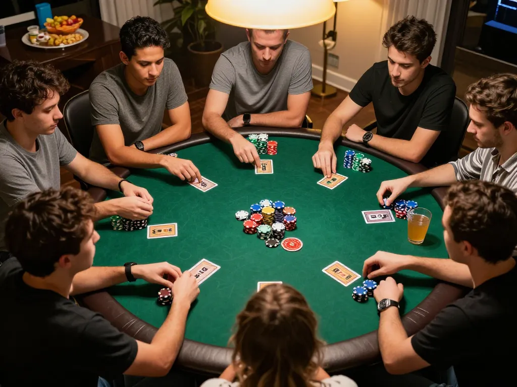 F168 players enjoying a thrilling Texas Hold'em game at home, with colorful chips and community cards visible.