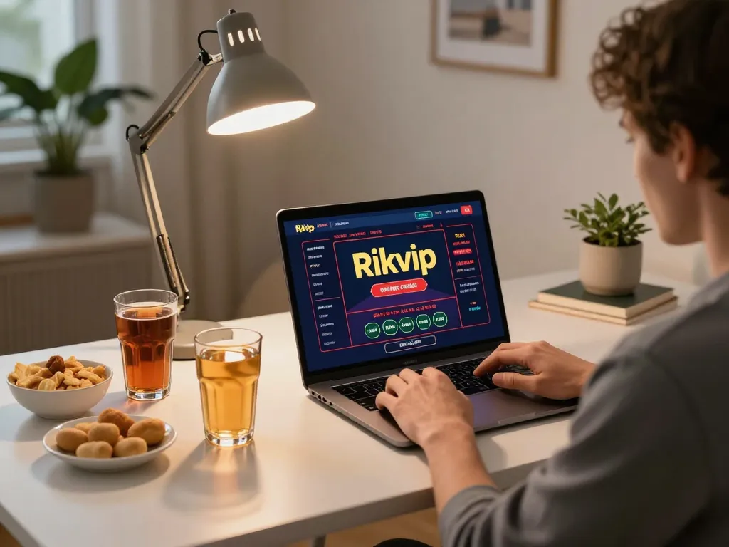 Engaging with Rikvip online casino on a laptop at home, showcasing a relaxed gaming atmosphere.