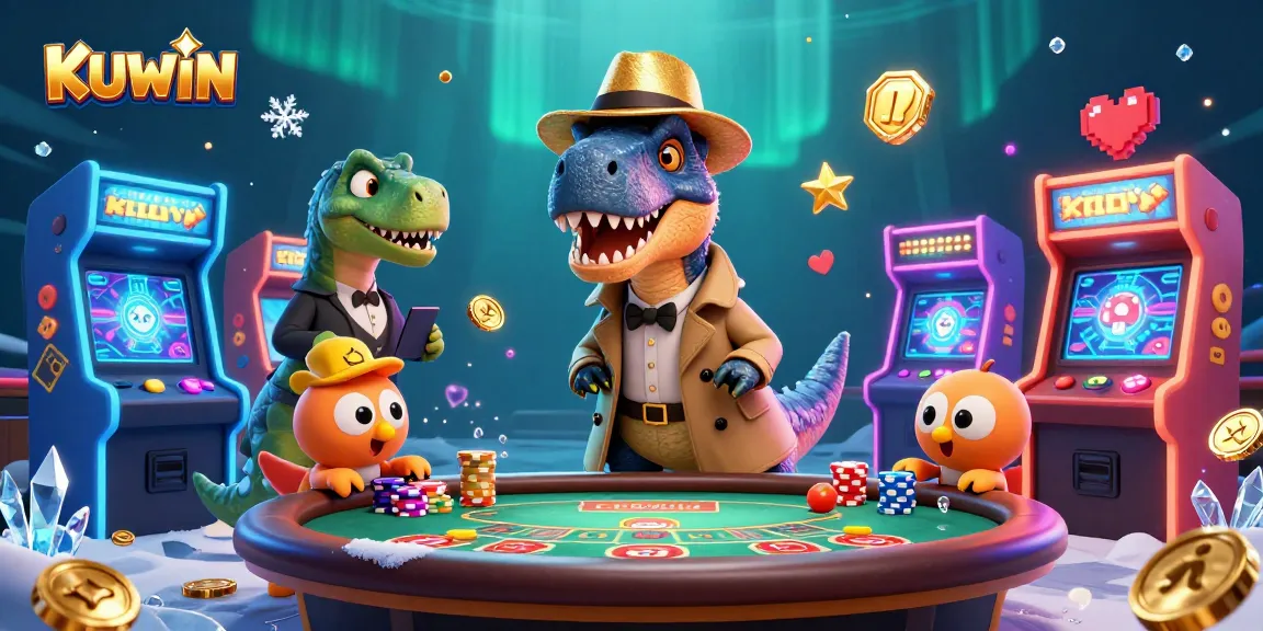 Experience thrilling gaming at KUWIN with a velociraptor and stegosaurus in a vibrant casino.